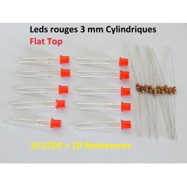 10 LEDS 3 MM ROUGE CYLINDRIQUE FLAT TOP DIFUSANT + 10 RESISTANCE
