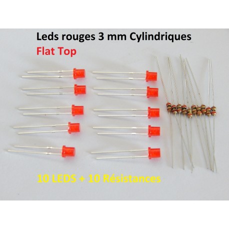 10 LEDS 3 MM ROUGE CYLINDRIQUE FLAT TOP DIFUSANT + 10 RESISTANCE