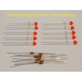 10 LEDS GLOBE 1,8 MM ROUGE DIFUSANT + 10 RESISTANCE