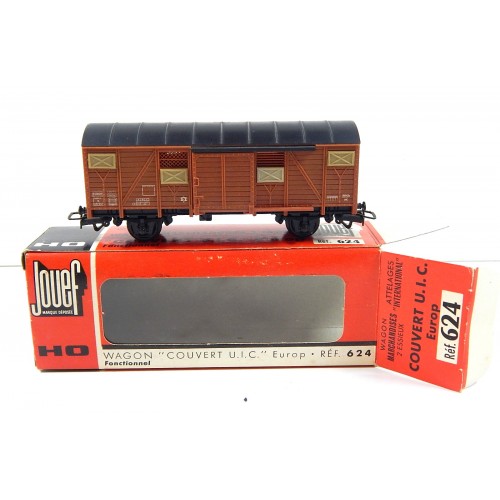 JOUEF WAGON COUVERT UIC SNCF MARRON A ESSIEUX HO BOITE CARTON + VITRE REF 624