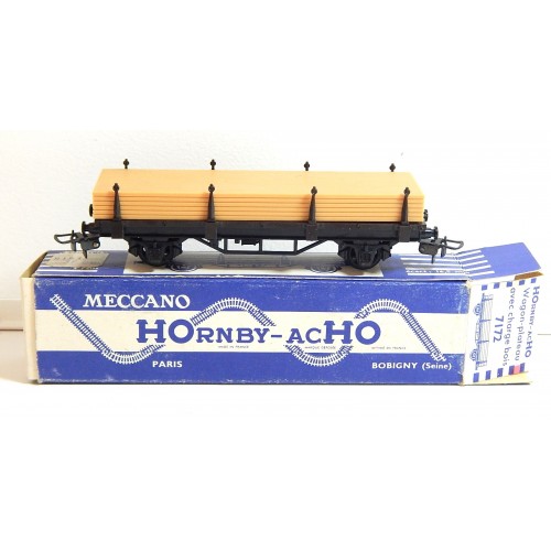 REF 7172 HORNBY WAGON PLAT A RIDELLES + CHARGEMENT EN BOITE BLEU HO