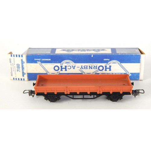 7180 - HORNBY WAGON PLAT A ESSIEUX ATTELAGES A BOUCLES HO EN BOITE BLEU